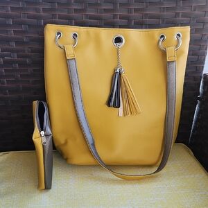 Mustard Yellow Tassel Tote with Metallic Straps